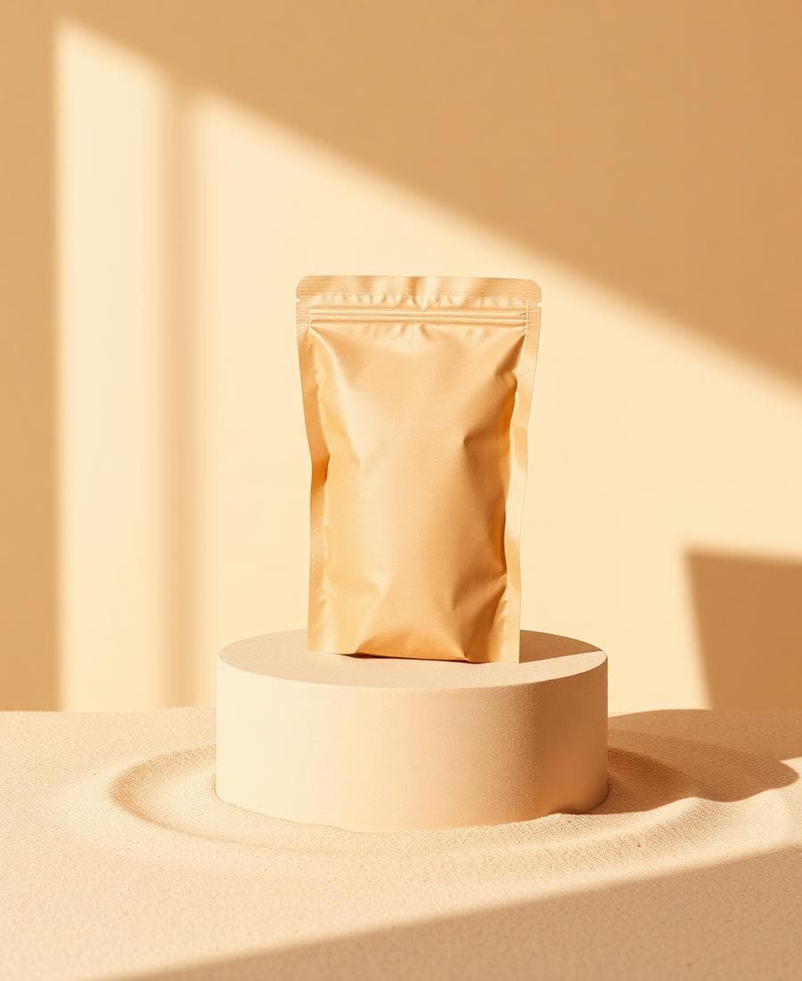 Minimal kraft Lavansnacks pouch on a sand plinth